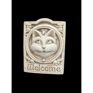 VTG Handmade Cat Welcome Wall Plaque Carruth Sculpture Stone USA Door Sign 5.5"x